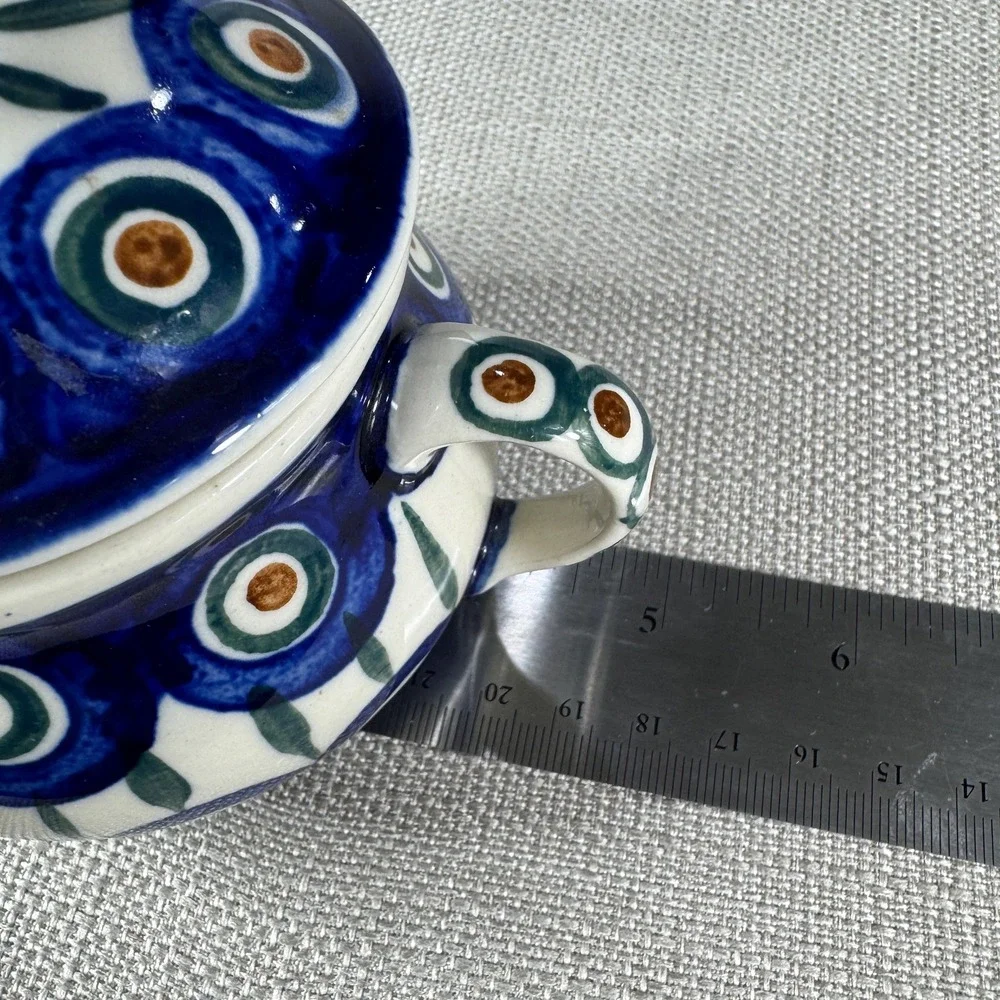 Polish Pottery Peacock Double Handle Sugar Bowl with Lid